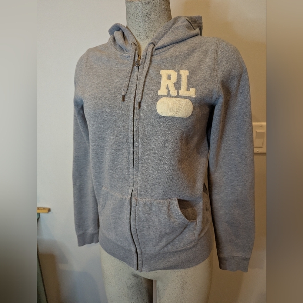 Ralph Lauren Polo Zip Up Hoodie Women L Gray Sweatshirt Classic Y2K Streetwear